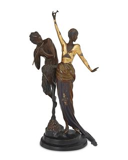 Romain (ErtE) de Tirtoff (1892-1990), "Woman and Satyr," 1985, Patinated and cold-painted bronze, 17.5" H x 7.5" W x 6" D