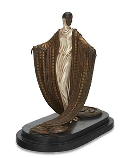 Romain (ErtE) de Tirtoff (1892-1990), "La Mysterieuse," 1980, Polished, patinated, and cold-painted bronze, 15.5" H x 8.325" W x 15" D