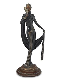 Romain (ErtE) de Tirtoff (1892-1990), "La Masque," 1986, Patinated and cold-painted bronze, 18" H x 7" W x 5.5" D