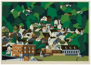 Armond Fields (1930-2008), "Fiskeville," Lithograph in colors on paper, Image: 25" H x 36" W; Sight: 25.75" H x 37" W