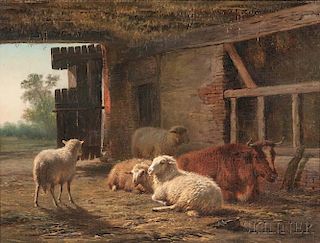 Frans Lebret (Dutch, 1820-1909)      Resting Sheep and Cow in a Sunlit Barn