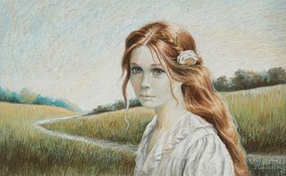 Pati Bannister (1929-2013), Portrait of a girl in a landscape, 1983, Pastel on paper, Sight: 16" H x 25" W