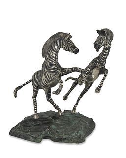 Paul Wegner (b. 1950), "The Zebras," 1986, Silvered and cold-painted bronze, 14" H x 13" W x 10.5" D