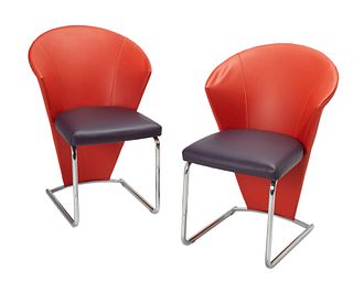 Ronald Schmitt and Associates (founded 1958), A pair of postmodern leather and chrome dining chairs, late 20th century, Each: 32.5" H x 17" W x 15.25"