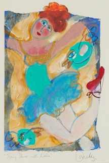 Kathy Donahey (b. 1942), "Spring Dance with Delia," Collage of mixed media on Japanese paper tipped to wove paper, Sight: 14.5" H x 9.5" W