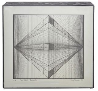 Harry Newman (b. 20th century), "Two Point Perspective," 1979, Electrified acrylic lightbox with lithograph on vellum under Plexiglass, 18.375" H x 18