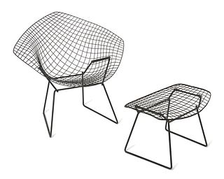 Harry Bertoia (1915-1978), "Diamond Chair" and "Bird Ottoman" for Knoll, 21st century, Chair: 30.5" H x 33" W x 31.5" D; ottoman: 14.75" H 23.25" W x 