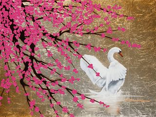 Patrick Guyton (b. 1964), "Swan with Blossom," Mixed media on artist board, Sight: 17.5" H x 23.5" W