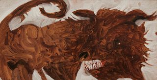 Robert Andrew Parker (b. 1927), Angry dog, 1956, Watercolor on brown paper, Sight: 13.25" H x 25.375" W