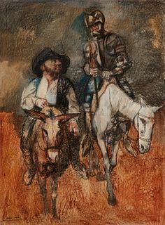 Harold Wood (1918-2004), "Don Quixote Conversation with Sancho," Mixed media on Masonite, circa 1950, 46" H x 34" W