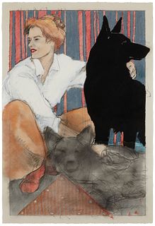 Donna Howell-Sickles (b. 1949), Woman with dogs, 1990, Mixed media on pale-gray paper, Sheet: 44" H x 30" W