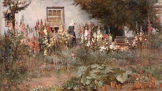 Frans David Oerder (Dutch, 1867-1944)      Cottage Garden with Hollyhocks