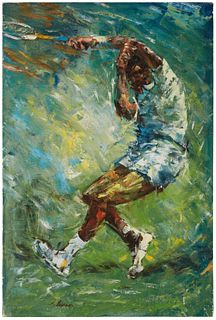 In the Style of LeRoy Neiman (1921-2012), Tennis player serving, Oil on canvas, 36" H x 24" W