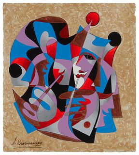 Anatole Krasnyansky (1930-2023), Abstract horn players, Gouache and metallic-leaf on paper, Image/Sheet: 14" H x 12.375" W