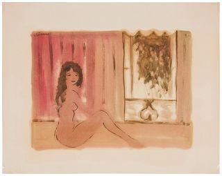 Roger Etienne (1923-2011), Nude female seated near a window, Mixed media on paper, Image: 14" H x 18.5" W; Sheet: 20" H x 25" W