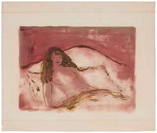 Roger Etienne (1923-2011), Nude woman relaxing in bed, 1955, Mixed media on paper, Image: 14" H x 18.25" W; Sheet: 21" H x 24.25" W