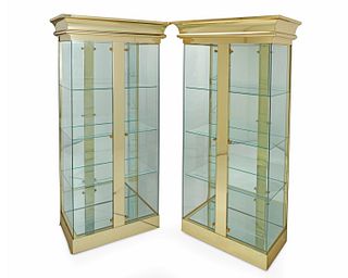 A pair of Ello-style lighted brass and glass vitrine display cases