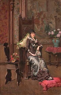 Oreste Cortazzo (Italian, 1836-before 1912)      Portrait of an Elegant Woman in an Interior