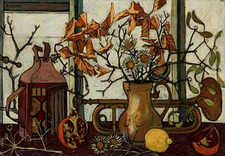 Maurice Verdier (1919-2003), Still Life with a trumpet, lemon, and daisies, Oil on canvas, 25.75" H x 36" W
