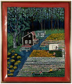 Spencer Bisby (1908-1989), Farmhouse and flowerbeds, Enamel on copper, 13.25" H x 11" W