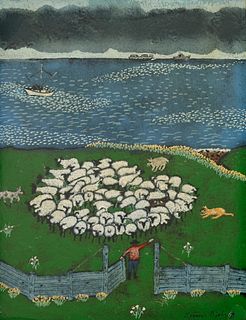 Spencer Bisby (1908-1989), Sheep by the sea, enamel on copper, 14" H x 11" W