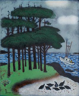 Spencer Bisby (1908-1989), Birds by the sea with a small boat, Enamel on steel, 12.5" H x 10.5" W