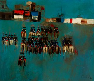 Nicola Simbari (1927-2012), "Parading Carabineri," 1960, Oil on canvas, 24" H x 27.75" W
