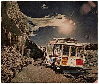 Norman Ogue Mustill (1931-2013), Trolley car and glacier, 1979, Paper collage laid to illustration board, as issued, 8.75" H x 10.25" W