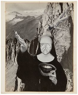 Norman Ogue Mustill (1931-2013), Nun in the mountains, 1967, Paper collage on illustration board tipped to a support sheet, as issued, 10.5" H x 8" W;