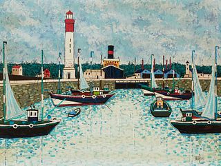 Jean Nerfin (1922-2018), Lighthouse with sailboats in a harbor, Oil on canvas, 24" H x 18" W