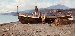 Giuseppe Laezza (Italian, 1835-1905)      Fisherman's Family Beside a Beached Vessel