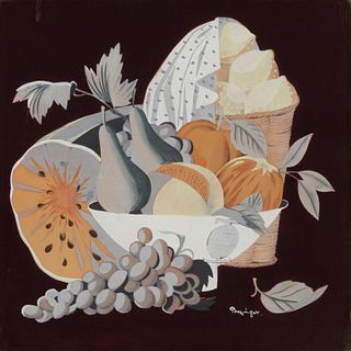 Tommi Parzinger (1903-1981), Still life of fruit in baskets, Gouache and mixed media on artist board, Sight: 16.375" h x 16.375" W