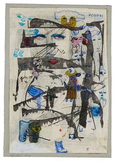 Adele Fogg (b. 20th century), "Obstacle Race," 1961, Mixed media on paper laid to paper, Sight: 10.5" h x 7.5" W