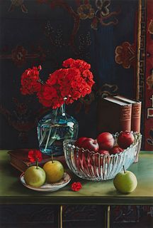 Robert C. DeVoe (b. 1934), Still life of red flowers and apples, Watercolor on paper, Image: 30.5" H x 20.625" W; Sight: 31.5" H x 21.5" W