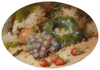 William Cruikshank (1836-1917), "Fruit, Grapes, Strawberries, and Bird's Nest," Watercolor and gouache on paper, Sight: 8.875" H x 12.625" W