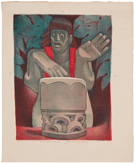 Jean Charlot (1922-1975), "Hawaiian Drummer," 1950, Lithograph in colors on wove paper, Image: 17.625" H x 13.5" W; Sheet: 22.5" H x 18.25" W