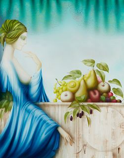 Philippe Auge (b. 1935), Woman with fruit, Oil on canvas, 36" H x 29" W