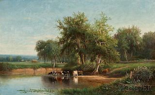 Joseph Antonio Hekking (American, 1830-1903)      Cows at a Watering Hole