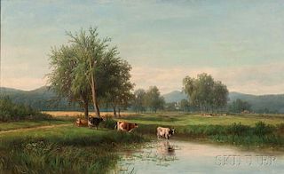 Joseph Antonio Hekking (American, 1830-1903)      Verdant Landscape with Cows at a Watering Hole