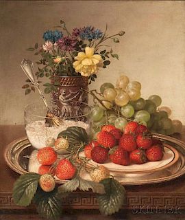 Robert Spear Dunning (American, 1829-1905)      Strawberries, Grapes, Sugar Bowl, and Nosegay on a Silver Tray