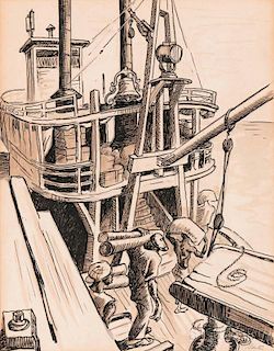 Thomas Hart Benton (American, 1889-1975)      Deckhands Loading Cargo at a Wharf