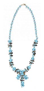 A Miriam Haskell Flattened Turquoise Art Glass Bead Necklace,