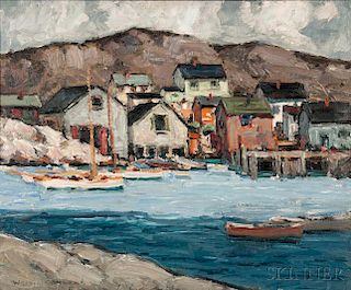 Walter Farndon (American, 1876-1964)      Harbor View with Schooners and Cottages