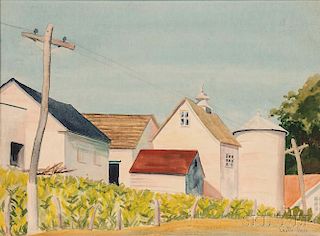 Harry Leith-Ross (American, 1886-1973)      Barn Buildings with Telephone Pole