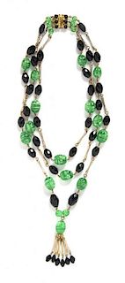 A Vintage Green Marble Melon Cut Glass Bead and Tassel Fringe Necklace,