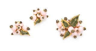 A Pink Pearlesque Bead and Green Velvet Leaf Cluster Demi Parure,