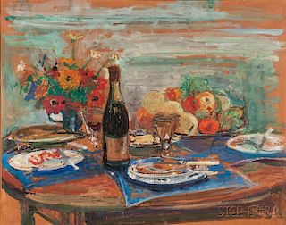 Arbit Blatas (Lithuanian, 1908-1999)      Still Life with Fruit and Wine Bottle