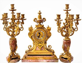 19th C. French Rouge Marble Figural Bronze Clock set