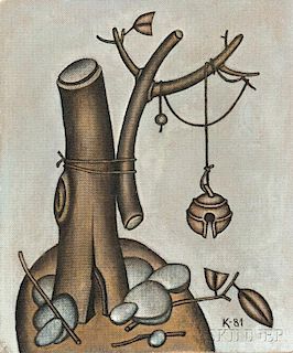 Dmitry Mikhailovich Krasnopevtsev (Russian, 1925-1995)      Metaphysical Still Life with Broken Tree and Hanging Bell