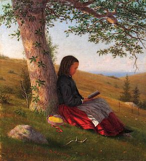 William M. Davis, Young Girl Reading by a Tree Oil Painting